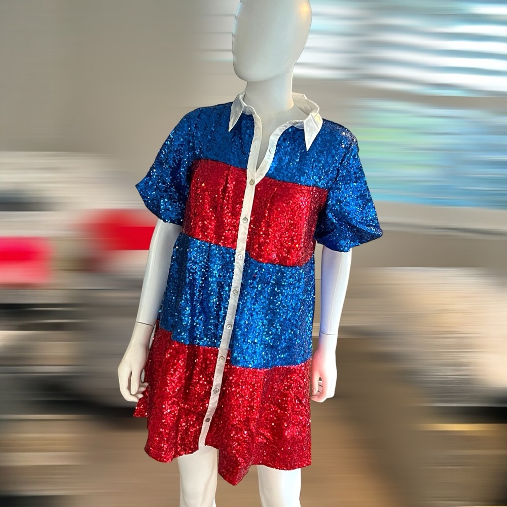 PEACH LOVE CALIFORNIA Red and Blue Sequin Mini Dress S M L - Picture 5 of 7